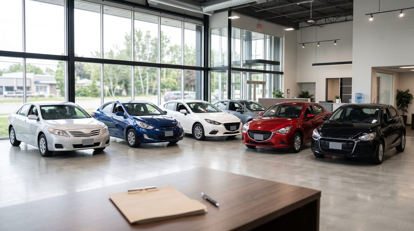 Galeri showroom'unda yan yana duran ikinci el otomobiller ve ön planda masada kredi başvuru dosyası