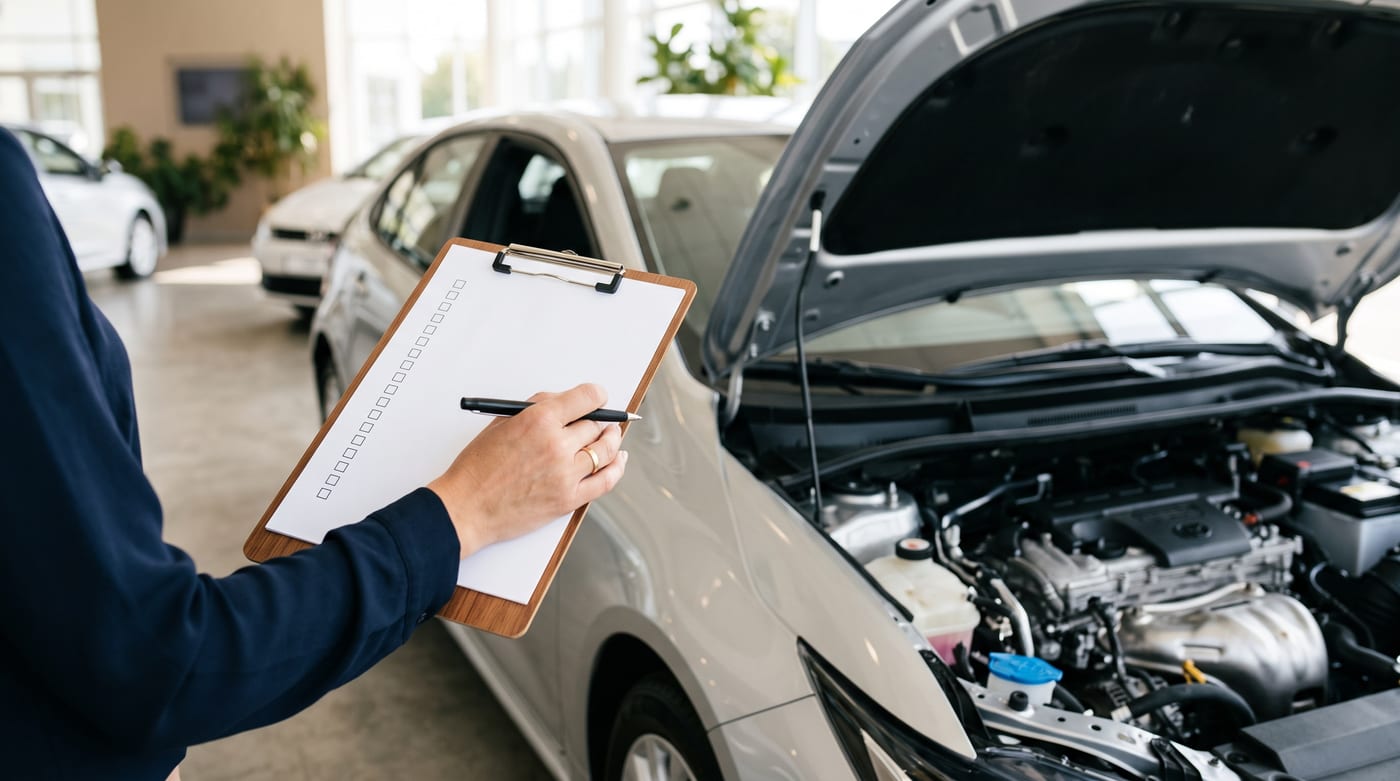 Galeride kaputu açık bir ikinci el otomobilin yanında kontrol listesi tutan bir el